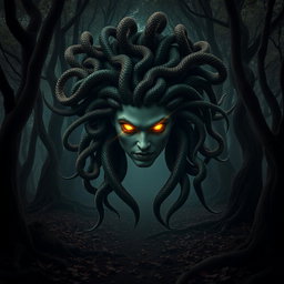 A striking portrayal of Medusa with her hair composed of poisonous snakes, each snake vivid and menacing