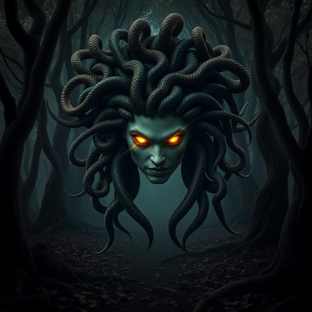 A striking portrayal of Medusa with her hair composed of poisonous snakes, each snake vivid and menacing