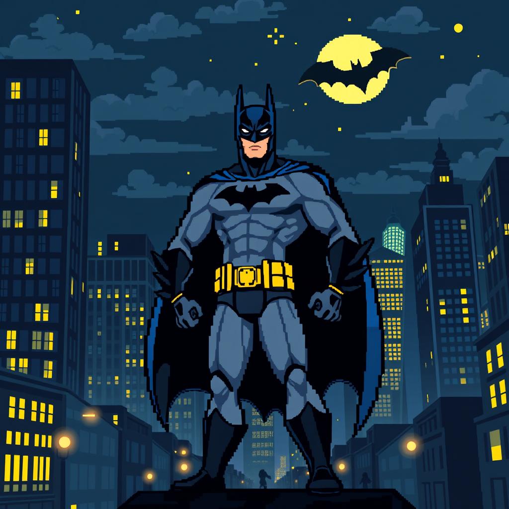 A stylish pixel art representation of Batman standing heroic amidst a Gotham City backdrop at night