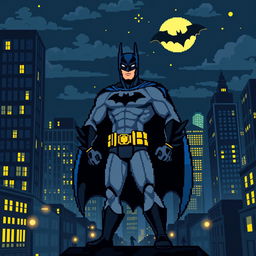 A stylish pixel art representation of Batman standing heroic amidst a Gotham City backdrop at night