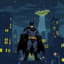 A stylish pixel art representation of Batman standing heroic amidst a Gotham City backdrop at night