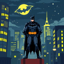 A stylish pixel art representation of Batman standing heroic amidst a Gotham City backdrop at night