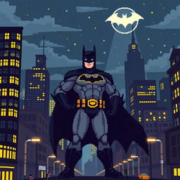 A stylish pixel art representation of Batman standing heroic amidst a Gotham City backdrop at night
