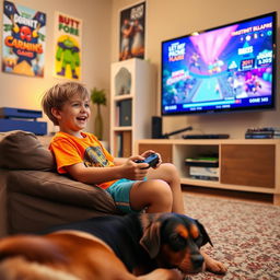 A young boy enthusiastically playing video games in a cozy living room