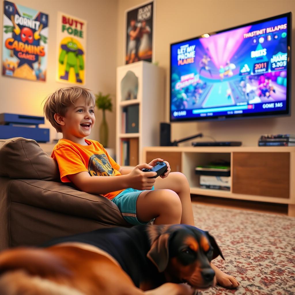 A young boy enthusiastically playing video games in a cozy living room