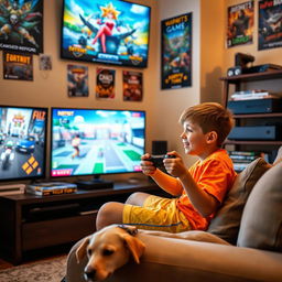 A young boy enthusiastically playing video games in a cozy living room