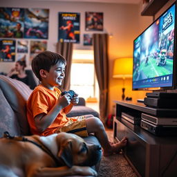 A young boy enthusiastically playing video games in a cozy living room