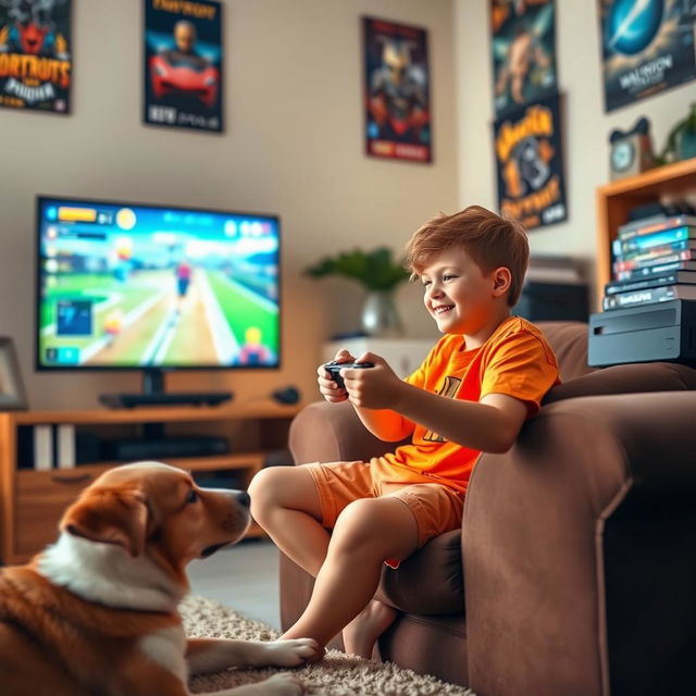 A young boy enthusiastically playing video games in a cozy living room