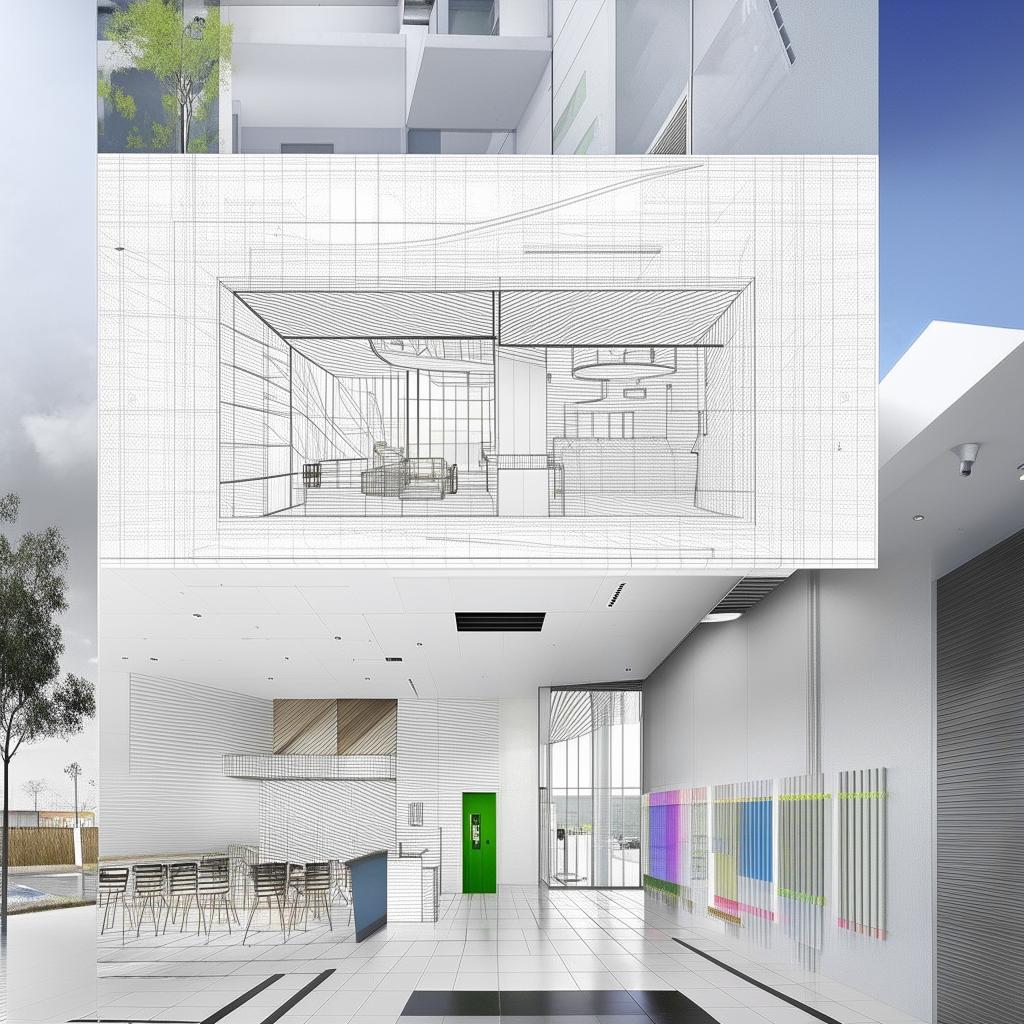 Detailed architectural plan of a bank, capturing both interior and exterior design features