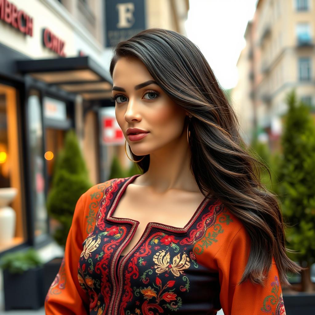 An elegant modern Ukrainian woman, around 30 years old, wearing a fashionable outfit that incorporates traditional Ukrainian design elements with a contemporary twist