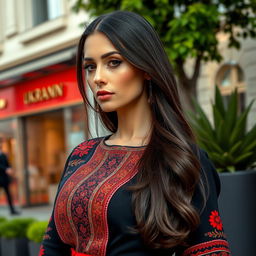 An elegant modern Ukrainian woman, around 30 years old, wearing a fashionable outfit that incorporates traditional Ukrainian design elements with a contemporary twist