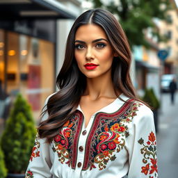 An elegant modern Ukrainian woman, around 30 years old, wearing a fashionable outfit that incorporates traditional Ukrainian design elements with a contemporary twist