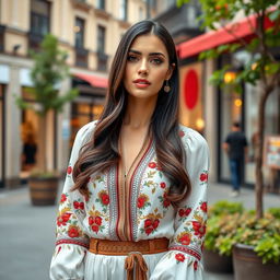 An elegant modern Ukrainian woman, around 30 years old, wearing a fashionable outfit that incorporates traditional Ukrainian design elements with a contemporary twist