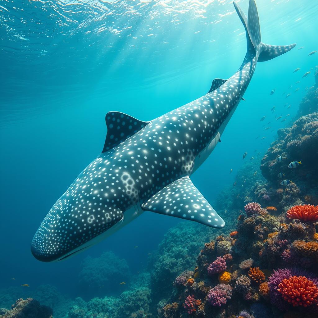 An imaginative hybrid creature that combines features of a whale shark and an adult megalodon