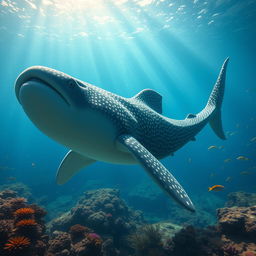 An imaginative hybrid creature that combines features of a whale shark and an adult megalodon