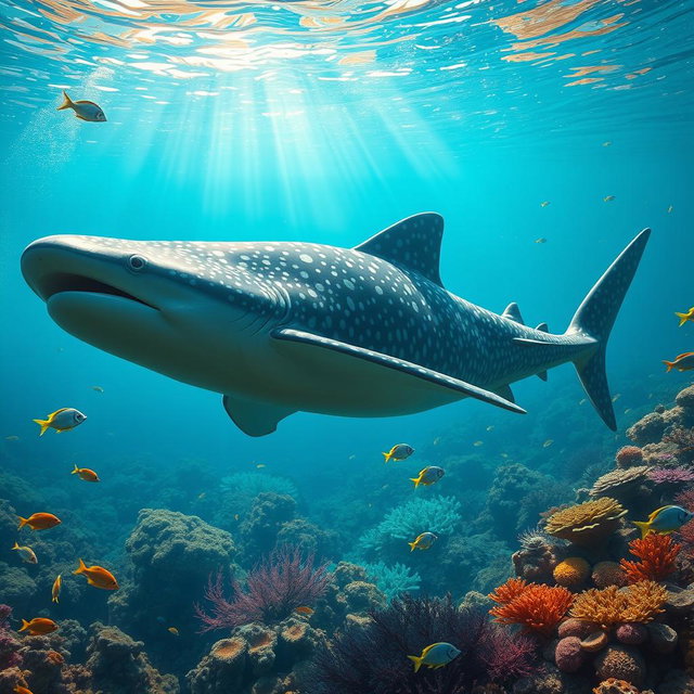 An imaginative hybrid creature that combines features of a whale shark and an adult megalodon