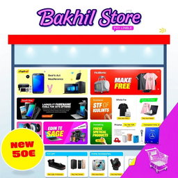 A vibrant and eye-catching advertisement for an online store named 'Bakahil Store'