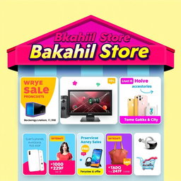 A vibrant and eye-catching advertisement for an online store named 'Bakahil Store'
