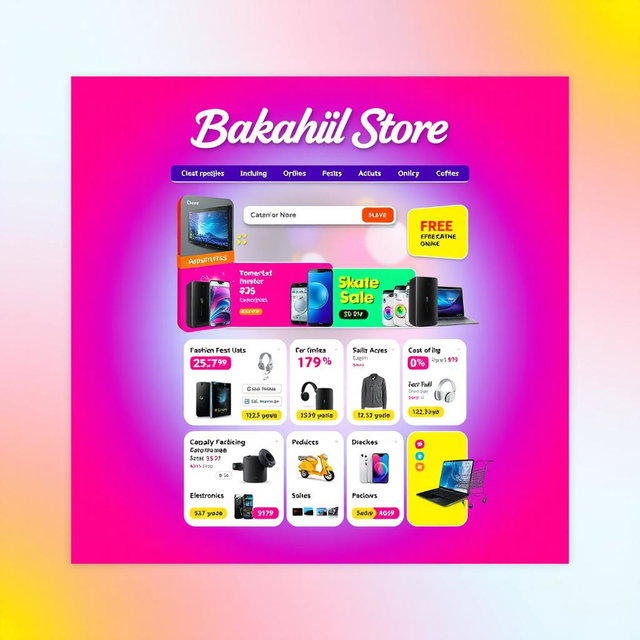 A vibrant and eye-catching advertisement for an online store named 'Bakahil Store'