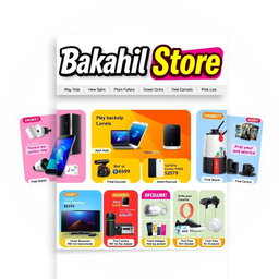 A vibrant and eye-catching advertisement for an online store named 'Bakahil Store'