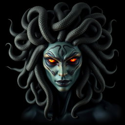 An ultra-realistic and highly detailed rendition of the mythological figure Medusa, showcasing her hair made up of numerous venomous snakes, each intricately detailed and writhing with vivid life