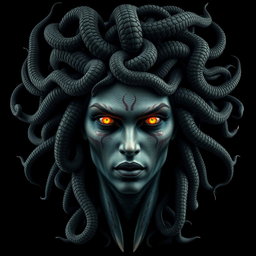 An ultra-realistic and highly detailed rendition of the mythological figure Medusa, showcasing her hair made up of numerous venomous snakes, each intricately detailed and writhing with vivid life