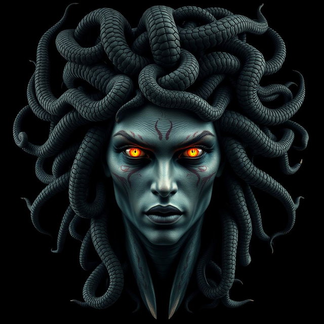 An ultra-realistic and highly detailed rendition of the mythological figure Medusa, showcasing her hair made up of numerous venomous snakes, each intricately detailed and writhing with vivid life