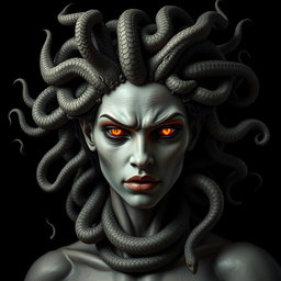 An ultra-realistic and highly detailed rendition of the mythological figure Medusa, showcasing her hair made up of numerous venomous snakes, each intricately detailed and writhing with vivid life