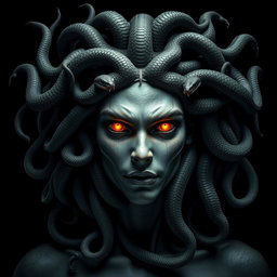 An ultra-realistic and highly detailed rendition of the mythological figure Medusa, showcasing her hair made up of numerous venomous snakes, each intricately detailed and writhing with vivid life