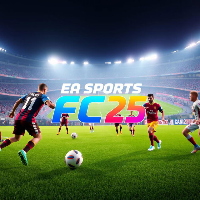 A dynamic and vibrant gameplay thumbnail for the game EA Sports FC 25, showcasing an exciting soccer match scene with players in action