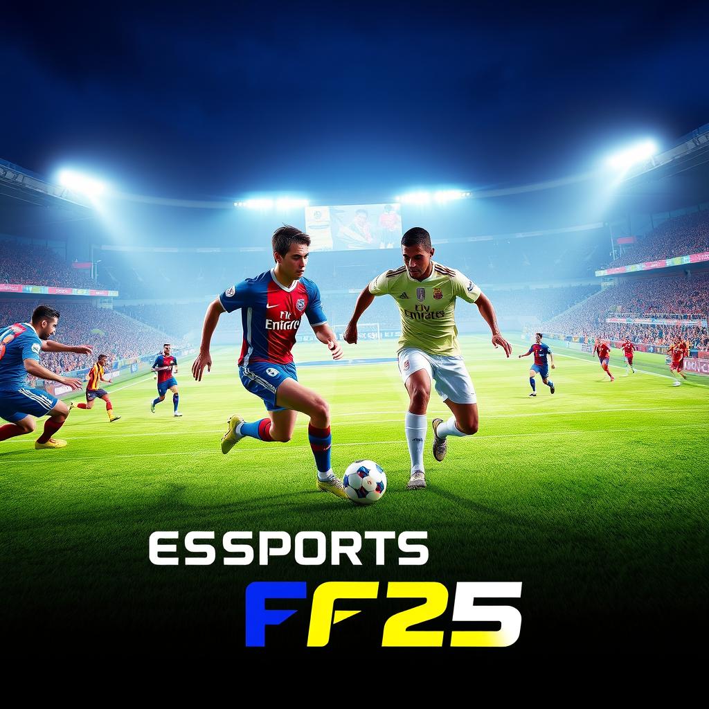 A dynamic and vibrant gameplay thumbnail for the game EA Sports FC 25, showcasing an exciting soccer match scene with players in action