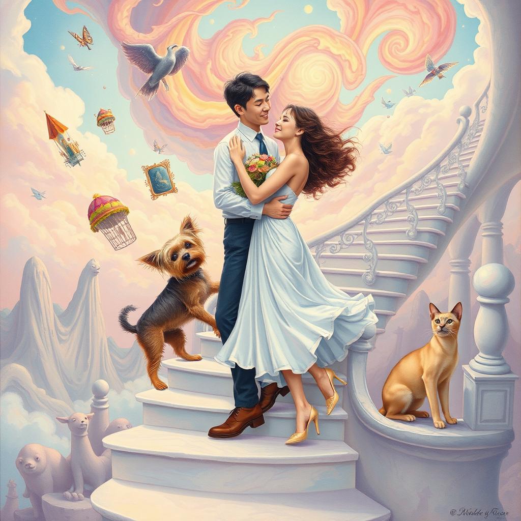 A dreamy surrealist drawing featuring a man and a woman, a Yorkshire terrier dog, a Siamese cat, and a whimsical staircase