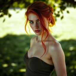 A stunning Irish redhead with vibrant red hair cascading over her shoulders, striking green eyes that sparkle with allure, and wearing minimal clothing that accentuates her natural beauty