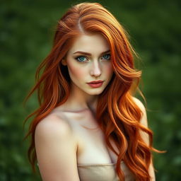 A stunning Irish redhead with vibrant red hair cascading over her shoulders, striking green eyes that sparkle with allure, and wearing minimal clothing that accentuates her natural beauty