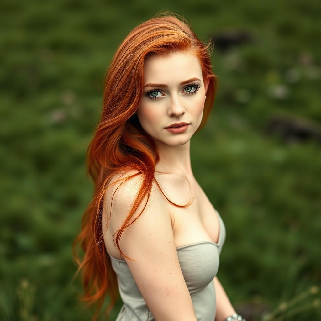 A stunning Irish redhead with vibrant red hair cascading over her shoulders, striking green eyes that sparkle with allure, and wearing minimal clothing that accentuates her natural beauty