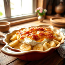 A beautifully styled Gratin de Banane, which is a classic French dessert made with ripe bananas