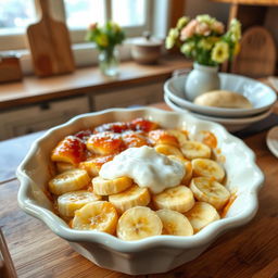 A beautifully styled Gratin de Banane, which is a classic French dessert made with ripe bananas