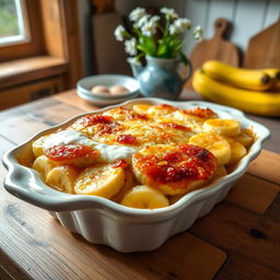 A beautifully styled Gratin de Banane, which is a classic French dessert made with ripe bananas