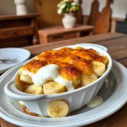 A beautifully styled Gratin de Banane, which is a classic French dessert made with ripe bananas