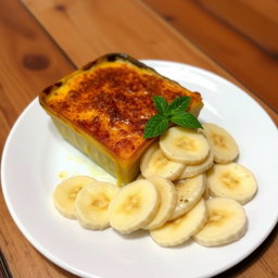 A beautifully plated dish of Gratin de Banane, featuring sliced ripe bananas layered in a creamy, golden-brown custard with a hint of nutmeg and cinnamon