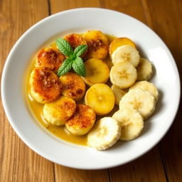 A beautifully plated dish of Gratin de Banane, featuring sliced ripe bananas layered in a creamy, golden-brown custard with a hint of nutmeg and cinnamon