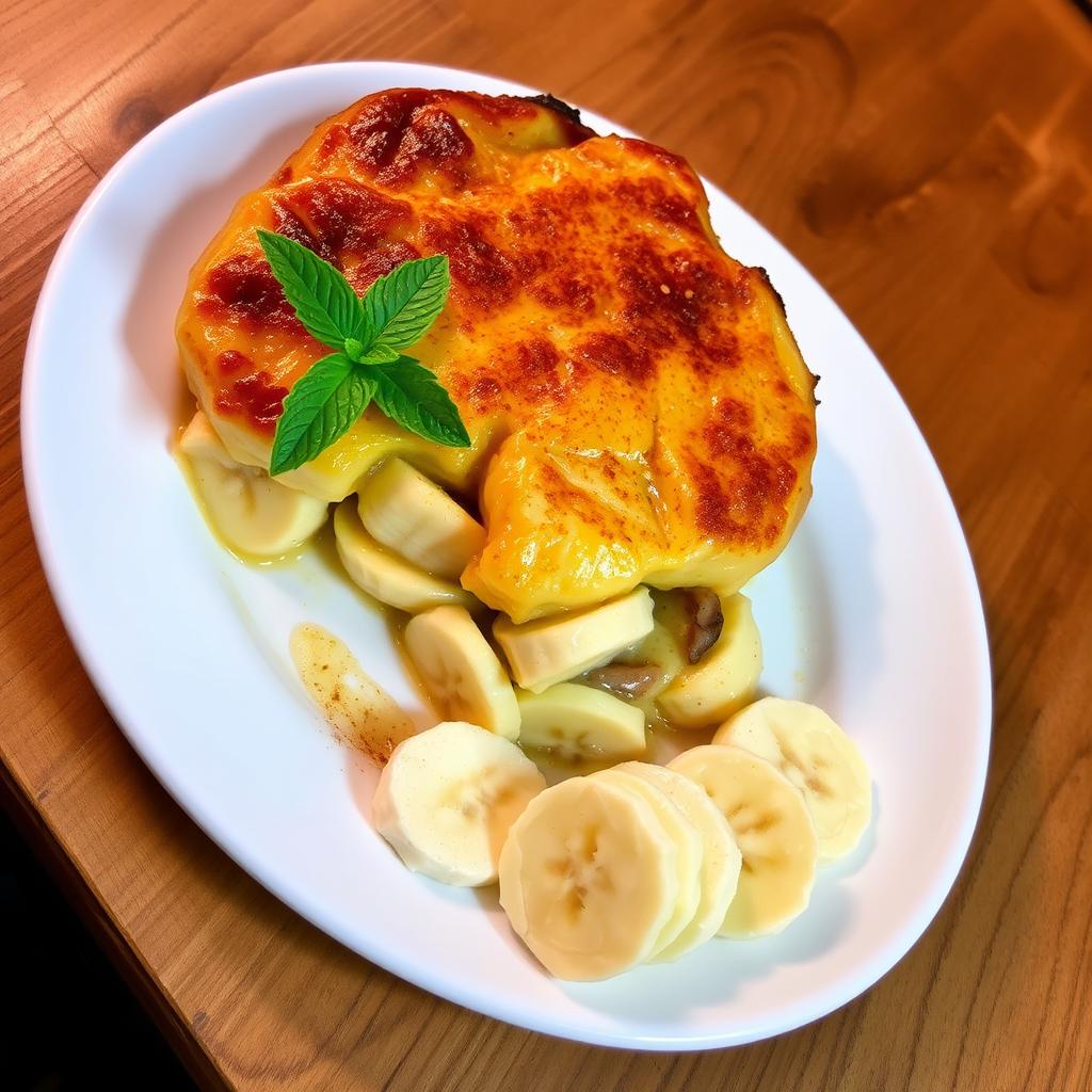 A beautifully plated dish of Gratin de Banane, featuring sliced ripe bananas layered in a creamy, golden-brown custard with a hint of nutmeg and cinnamon