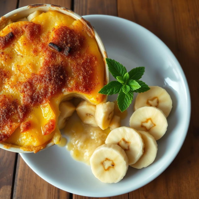 A beautifully plated dish of Gratin de Banane, featuring sliced ripe bananas layered in a creamy, golden-brown custard with a hint of nutmeg and cinnamon