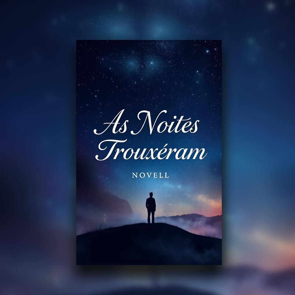 A book cover design for a novel titled 'As Noites Trouxeram', featuring a mysterious night scene with a deep, starry sky filled with twinkling stars