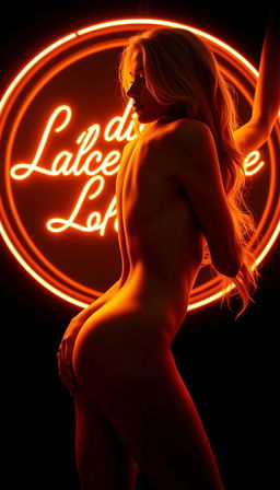 A round golden orange neon sign glowing vibrantly with the text 'Ladies of Lace' rendered in a stylish, fancy calligraphic font