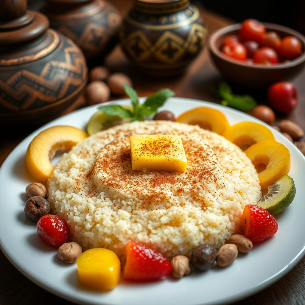 A beautifully arranged plate of Moroccan Mssouf, a traditional Mauritanian dish