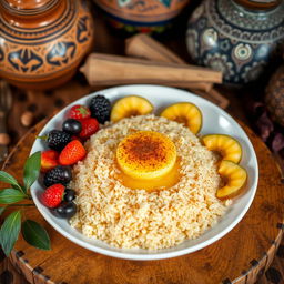 A beautifully arranged plate of Moroccan Mssouf, a traditional Mauritanian dish