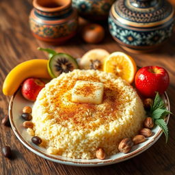 A beautifully arranged plate of Moroccan Mssouf, a traditional Mauritanian dish