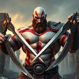 An imposing figure of a muscular warrior resembling Kratos, from Greek mythology, with a fierce expression on his face