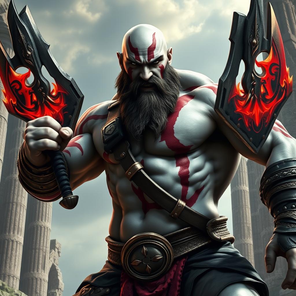 An imposing figure of a muscular warrior resembling Kratos, from Greek mythology, with a fierce expression on his face